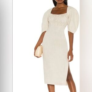 NEVER WORN! REVOLVE - Linen Puff Sleeve Midi Dress in Natural